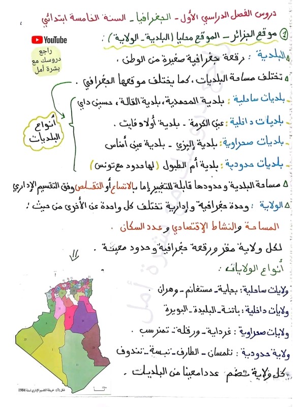 ملخص تحضير درس موقع الجزائر الموقع محليا البلدية الولاية جغرافيا سنة خامسة ابتدائي